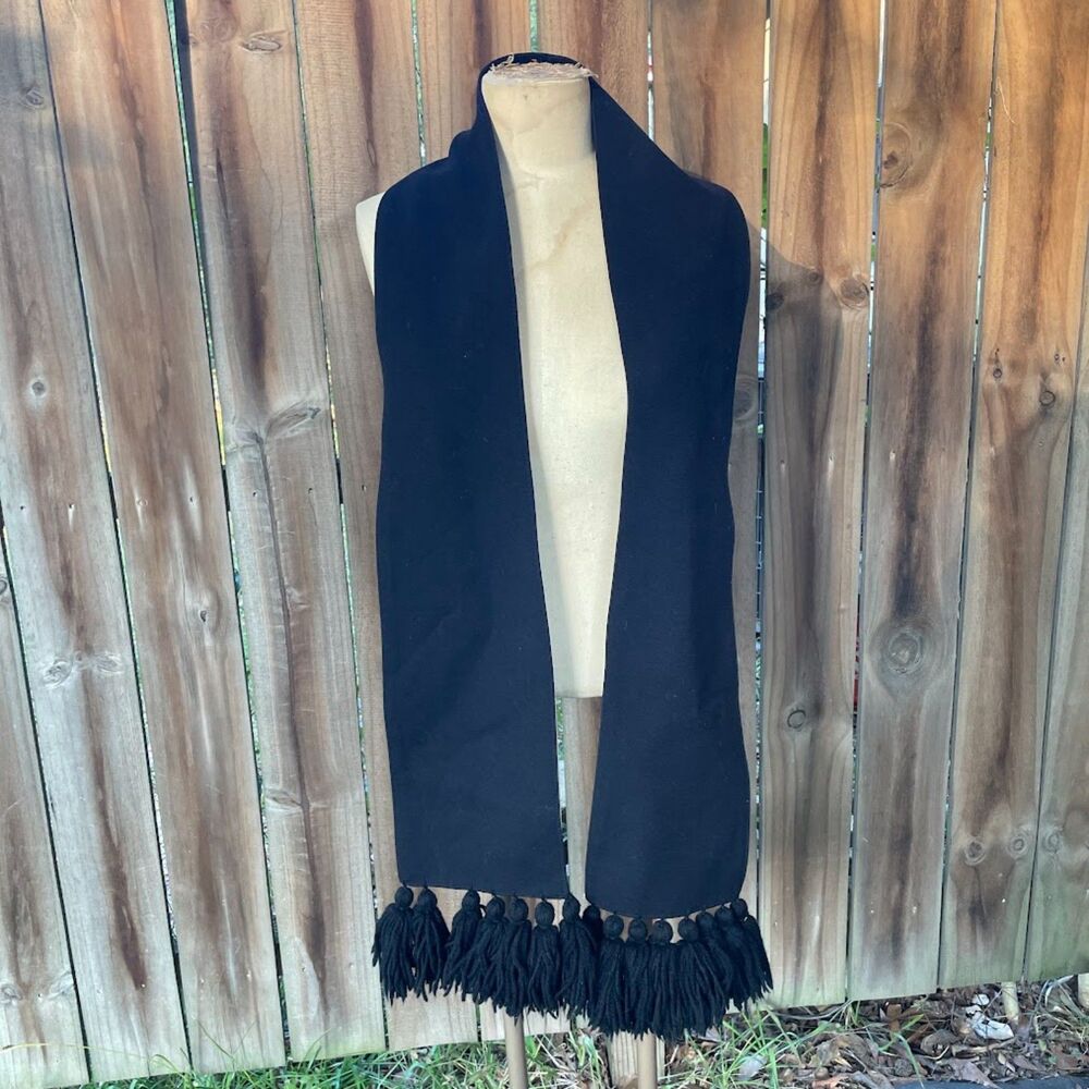 Vintage 60s WOOL GABARDINE Long Stole Wrap Pom Poms Black
